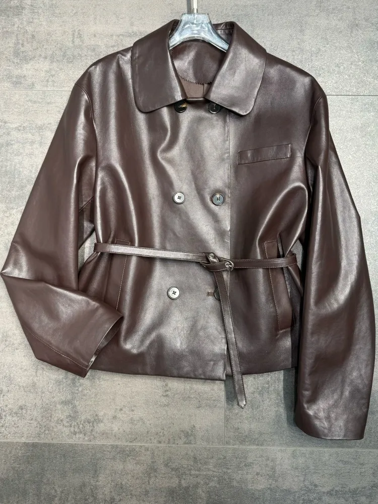 Office Female Turn-Down Collar Genuine Leather Jackets Solid Color Sheepskin Long Sleeves Double-Breasted Slim Outerwear