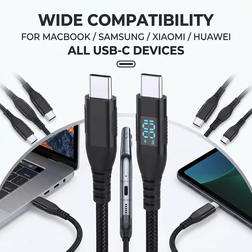 100W USB C Cable PD Fast Charging USB C to USB C Cable 6A LED Display Fast Charge Cord for iphone 17 16 15 Samsung Xiaomi Huawei
