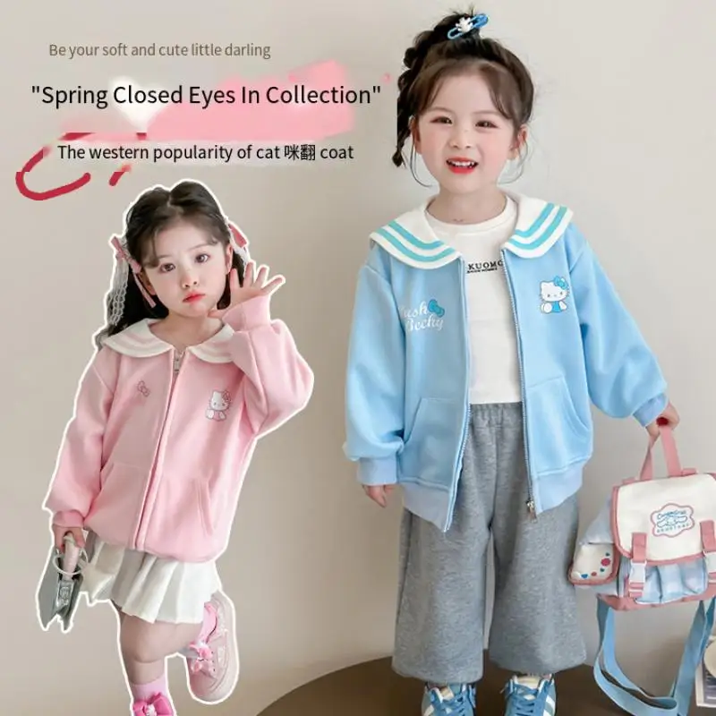 

Hello Kittys Girl Spring Autumn Coat Sanrios Coat Kawaii Cartoon New Sweet Cute Lapel Cartoon Jacket Children's Clothing