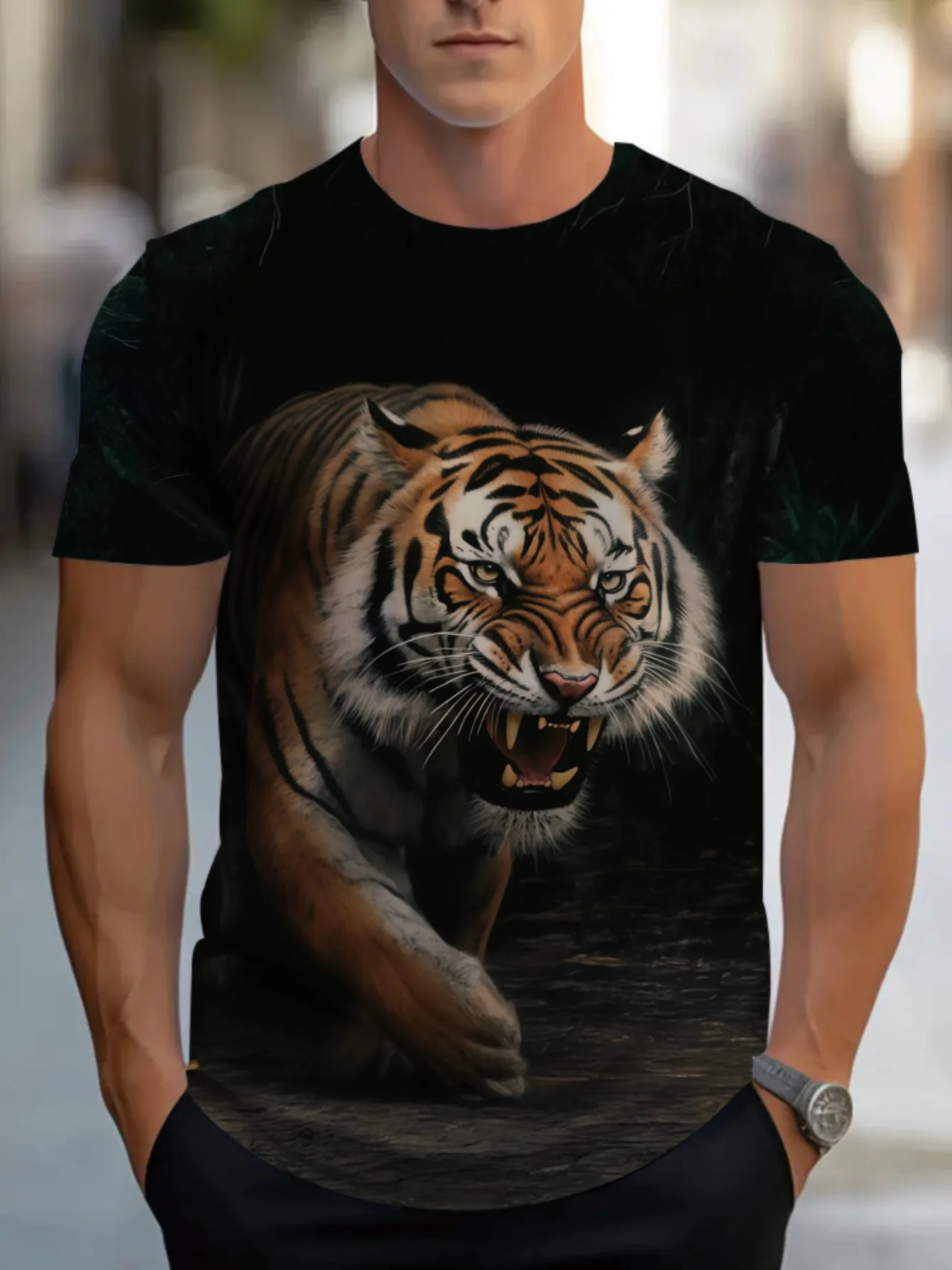 T-shirt léger à manches courtes pour homme avec un motif de tigre en 3D, parfait pour les sorties décontractées, les activités de plein air et le quotidien.