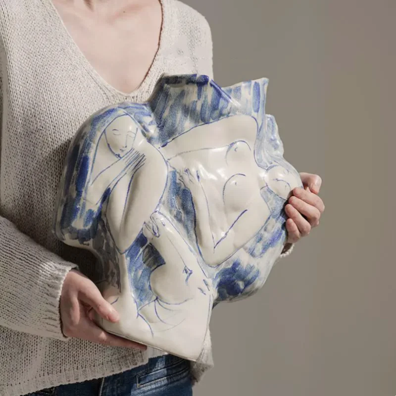 Hand-made Ceramic Vase Irregular Abstract Hand Drawing Art Vase Ceramic Handicraft Home Decoration Accessories Terrarium
