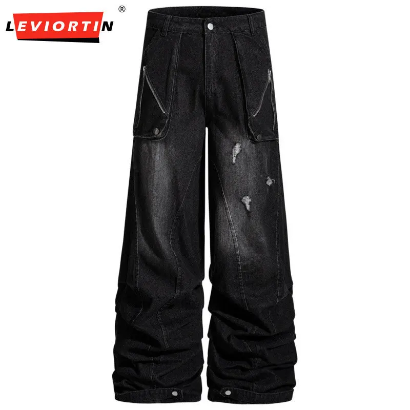 Men's fashion trend brand large pocket workwear with perforated design, wide leg stacking feeling, floor dragging denim pants
