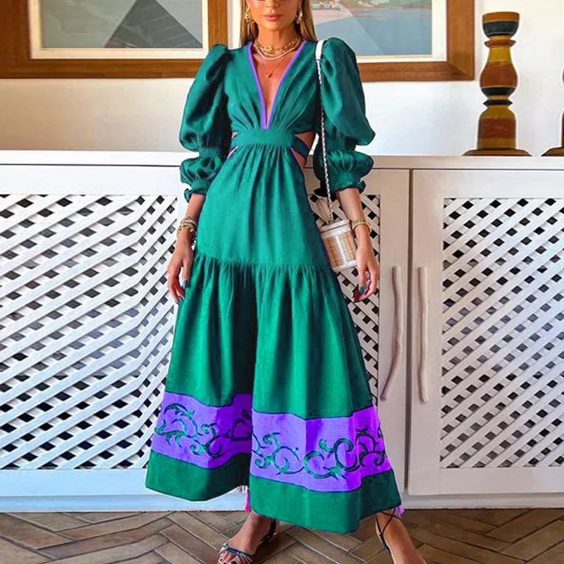 

Spring New Women Boho Party Dress Fashion V-Neck Puff Sleeve Dress Elegant Hollow Out Waist Patchwork Pleat Female Vestidos