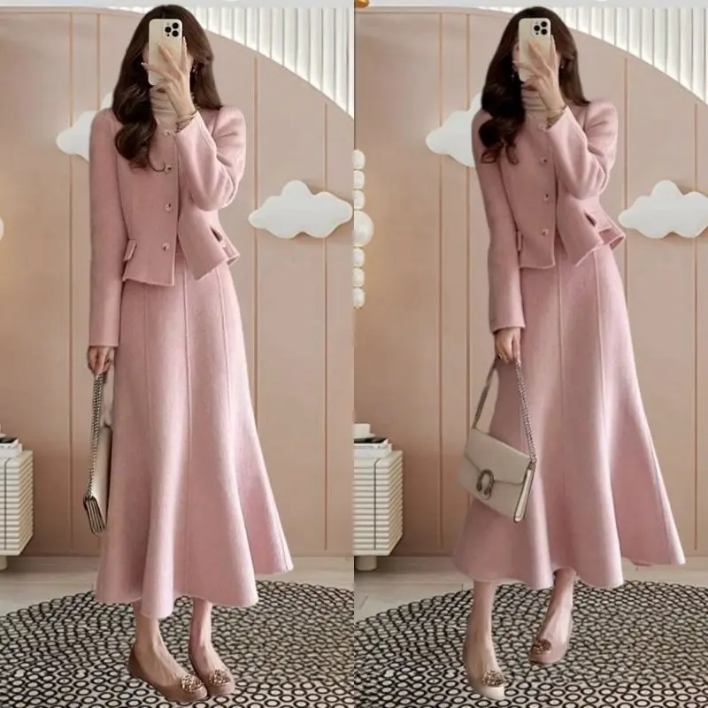 

New High End Small Fragrance Women's Two Piece Set Celebrity Autumn Winter Tweed Long Sleeve Coat + A-line Midi Skirt Pink Suit