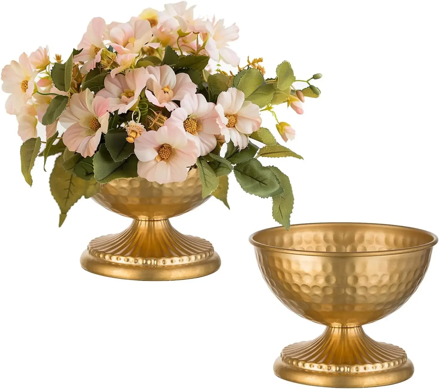 Hammered Gold Urn Vase Set 2Pcs 5.9in Wedding Table Compote Vases for Flowers Party Home Decor Anniversary