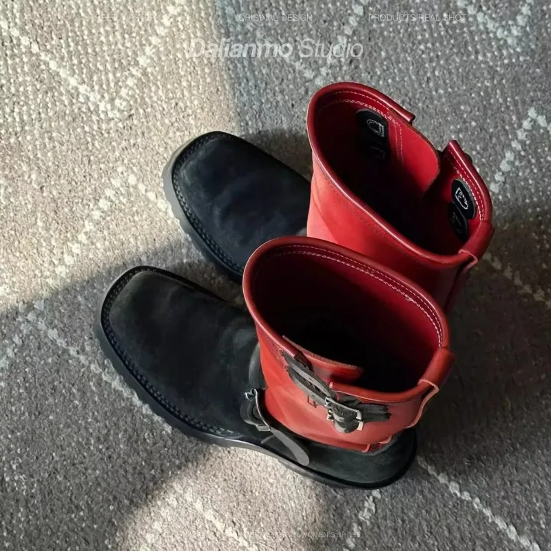 Color Blocked Upturned Western Cowboy Boots Leather Splicing Design for Men and Women Square Headed Knight Boots Botas Moto