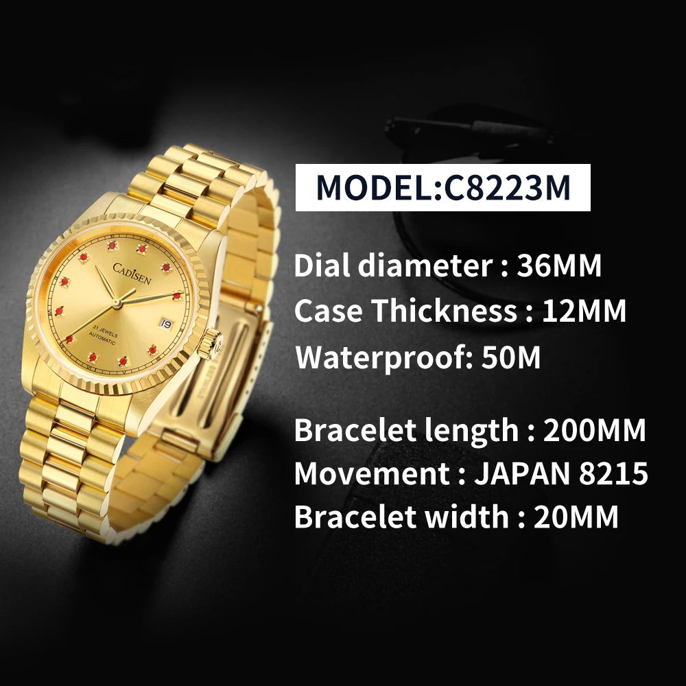 CADISEN Mechanical Automatic Watch For Men Japan 8215 Movement Sapphire Stainless Steel Luxury Golden Watch Relogio Masculino