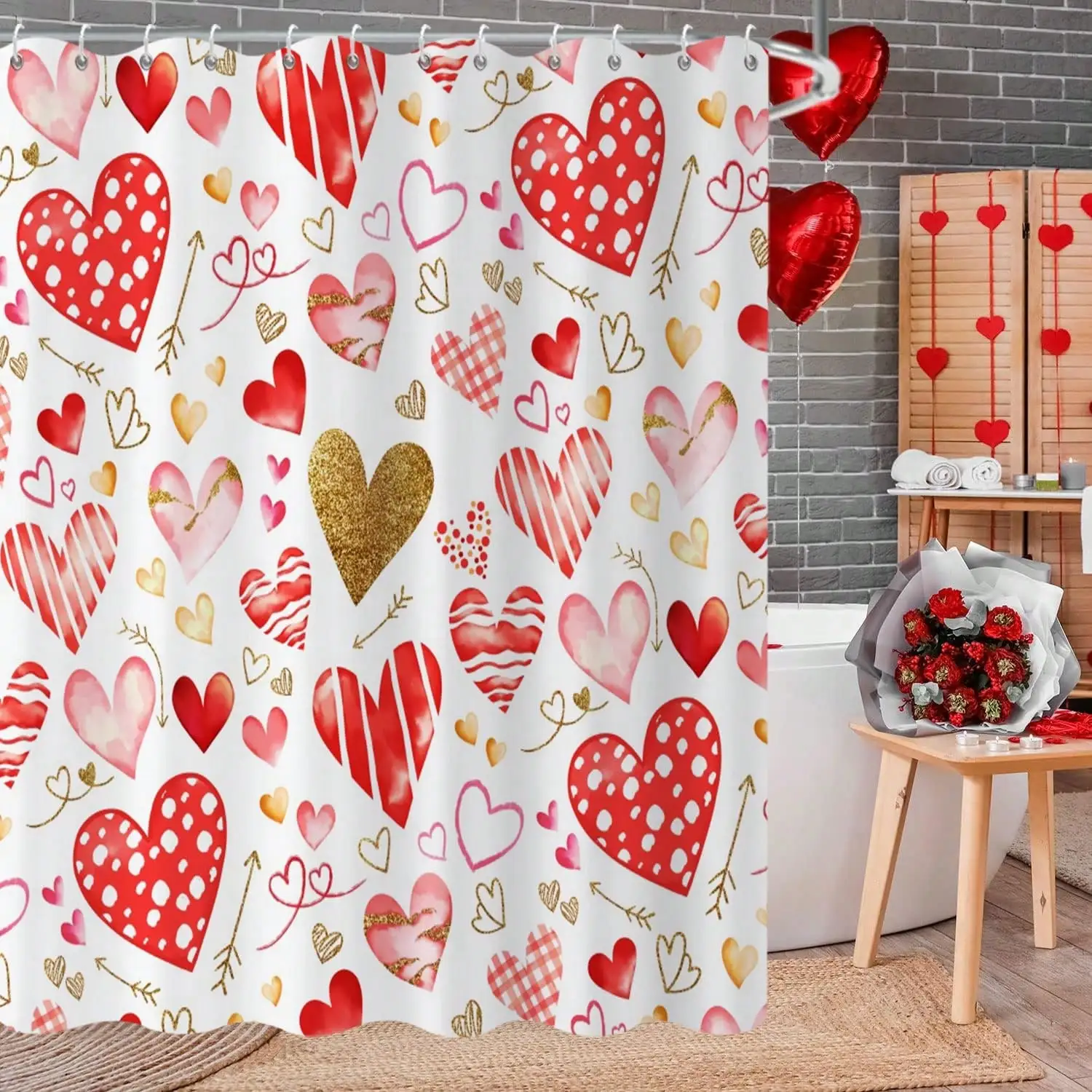 1pc Valentine's Day Shower Curtain, Red And Gold Graffiti Style Heart Romantic Girly Bathroom Waterproof Curtain