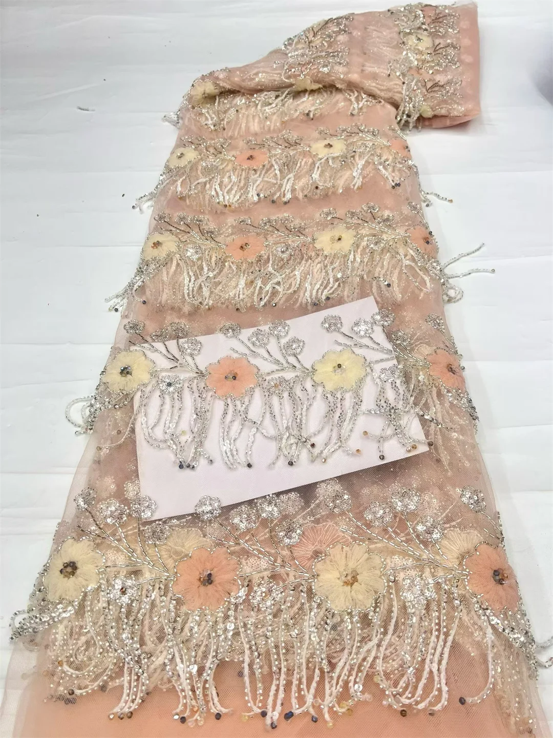 Nigerian 3D Tassel Beaded Lace Fabric Fashion African Lace Fabric Luxury French Sequins Tulle Lace For Women Wedding Dress