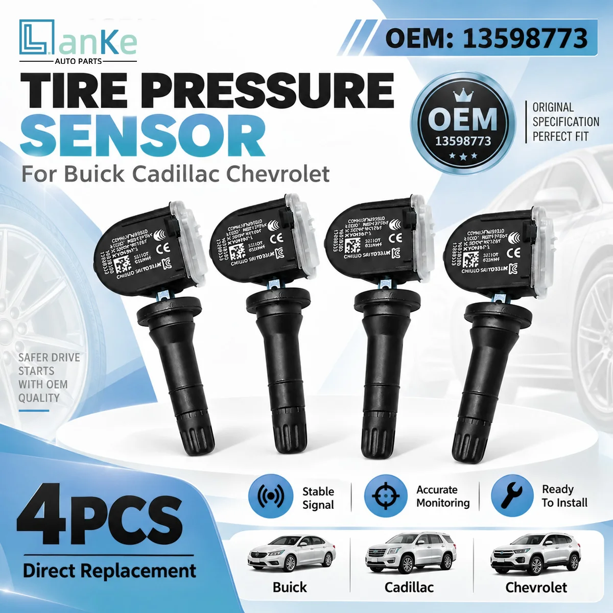 Lanke TPMS Tire Pressure Sensor OE13598773 Replacement For Buick Cadillac Chevrolet GMC 433MHz Car Wheel Monitoring  Auto Parts