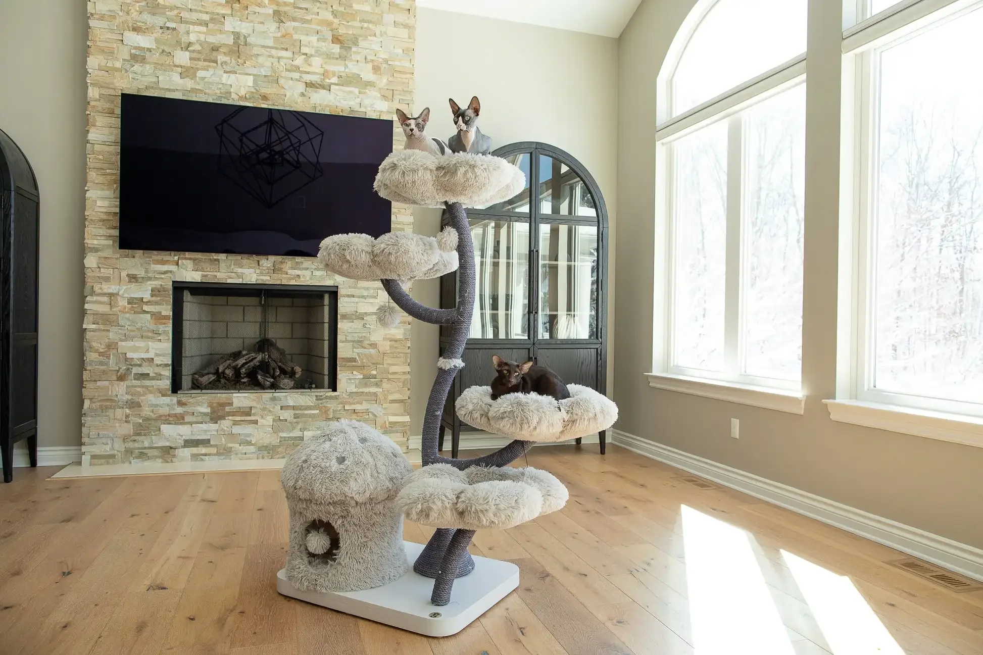 Wood Floral House Tree Tower Wooden Cat Tower Modern Cat Climbing Tree