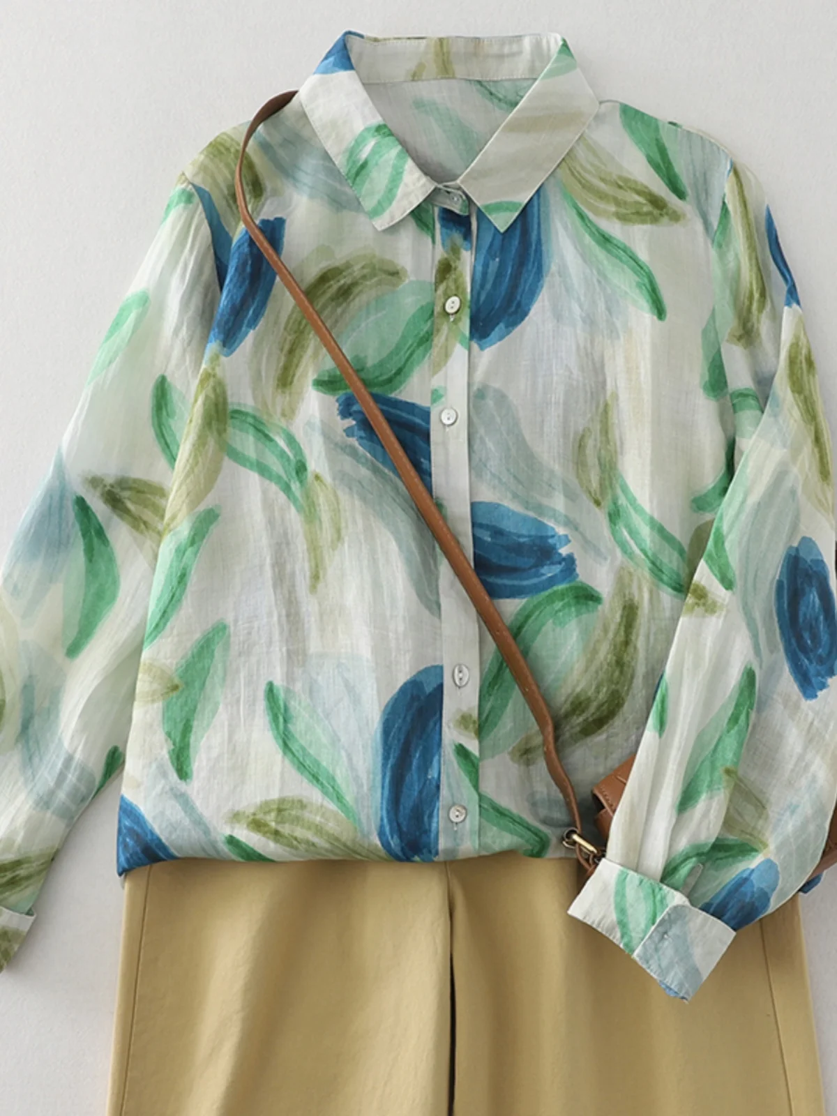 

Retro Print Linen Long Sve irt Women Early Autumn Loose Casual Single Button Cotton Linen Sun Protection Open Cardigan Top