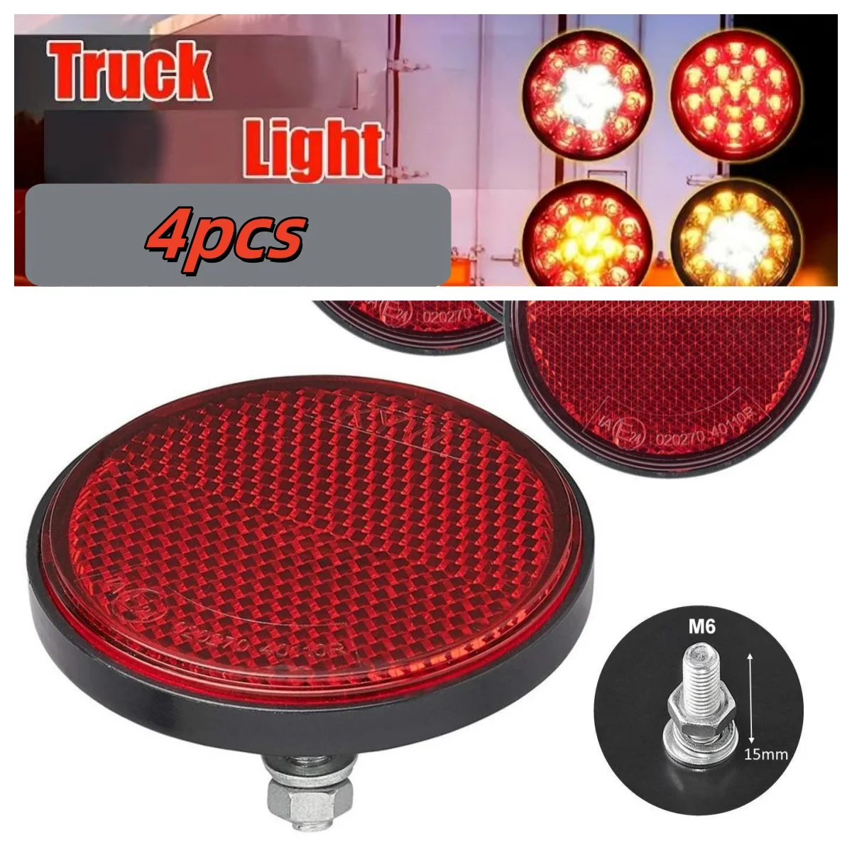 4Pcs Red 60mm Round Reflectors with Screw Backlight for Trailers Motorhomes Trucks Caravans - Roadside Marker Side Lights