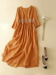 2023 Summer New Women's Cotton and Linen Dress Ethnic Style Embroidery Temperament Round Neck Midi Skirt Loose and Casual