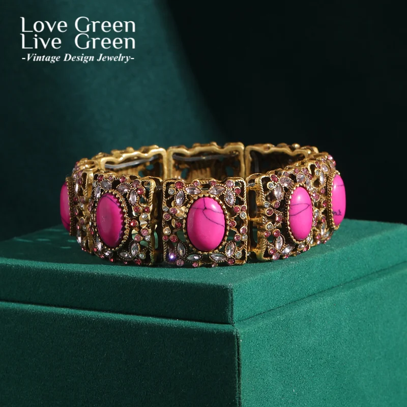 

Vintage Natural Stone Pink Bracelet Charm Woman Rhinestones Luxury Designer Antique Gold Color Chain Wedding Accessories Jewelry