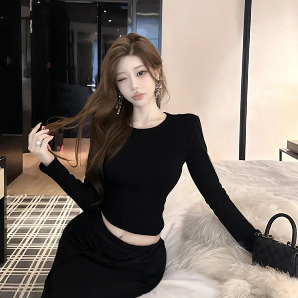 Set Dua Potong Rok Pinggang Tinggi Model Simpul Ele Long Sve T-irt Korea untuk Wanita, Mode Musim Gugur Musim Dingin Terbaru