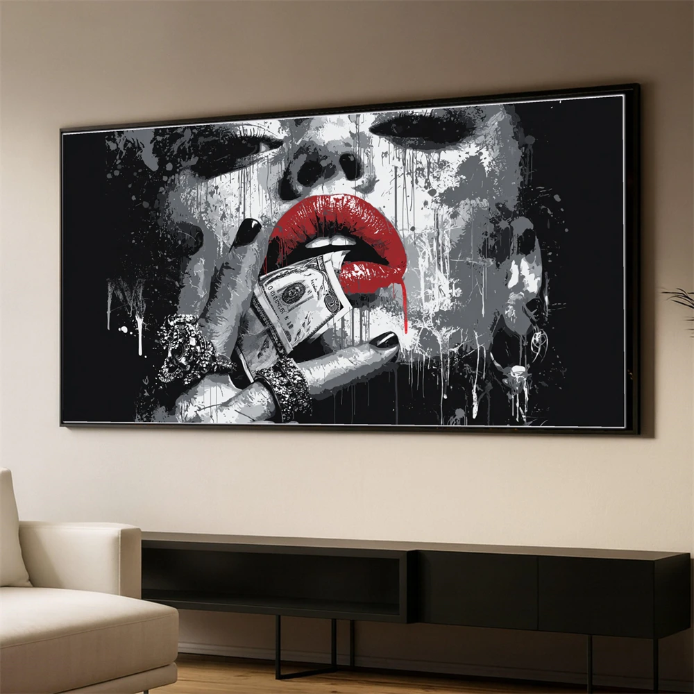 Graffiti Lips Canvas Painting Red Lips with Money Art Print Vibrant Abstract Poster Modern Home Decor Urban Street Style Pop Art