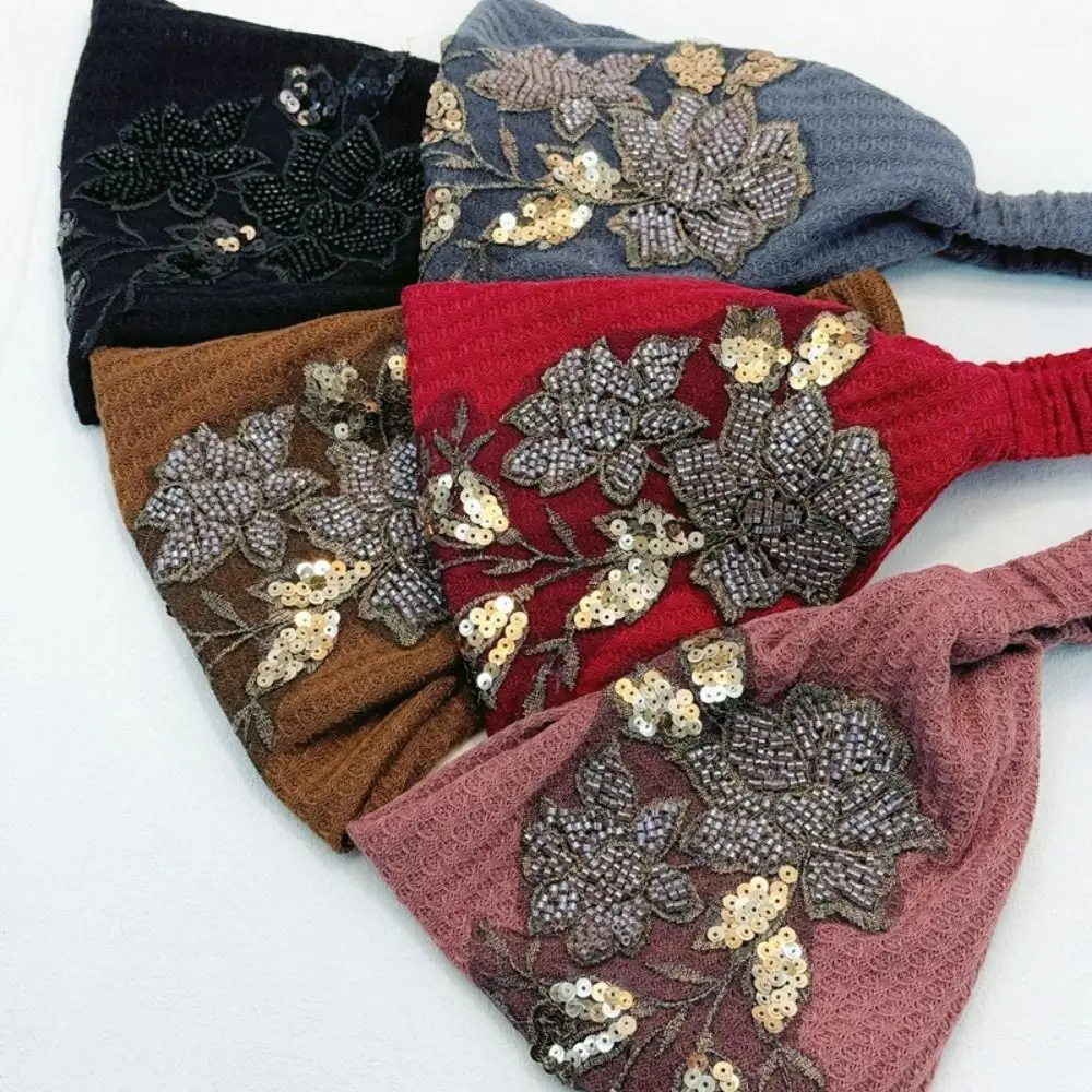 

Fashion Knitted Flower Hairband Embroidery Flower Sequin Hairband Elastic Wide Edge Headscarf Winter