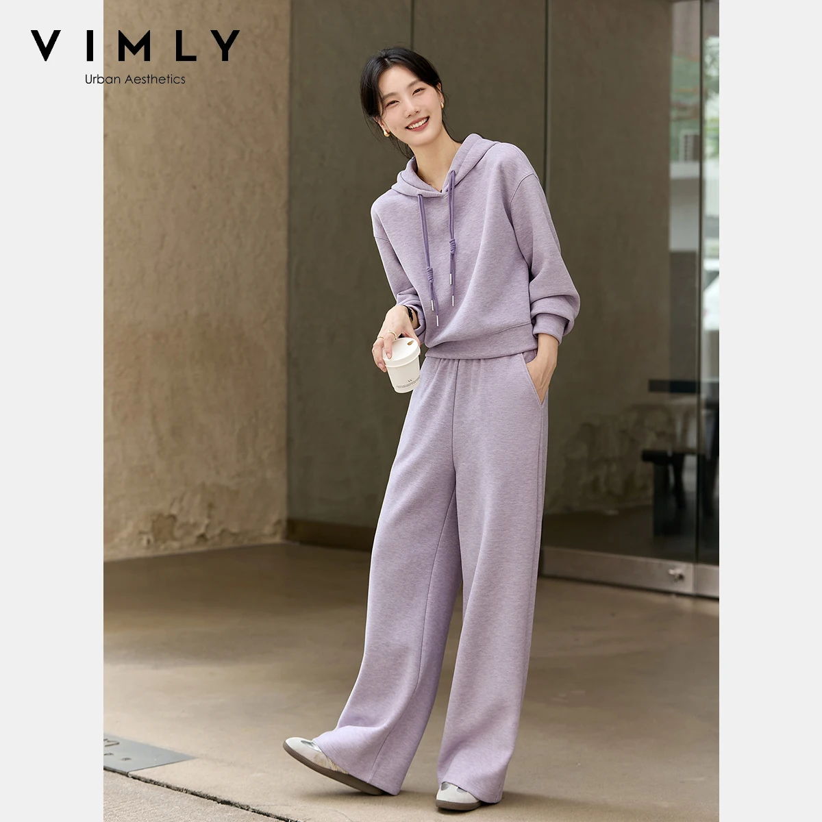 

VIMLY Pant Sets Woman Sporty Hooded Draw String Full Sleeve Tops Knitted Straight Pants Casual Lady Fall 2025 Trouser Sets A2206