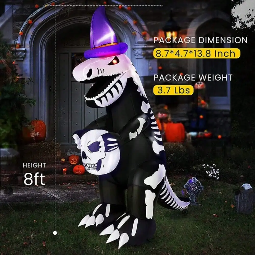 8 Feet Halloween Inflatable Skeleton Dinosaur with Twinkling Eyes and Speakers, Halloween Garden Decoration