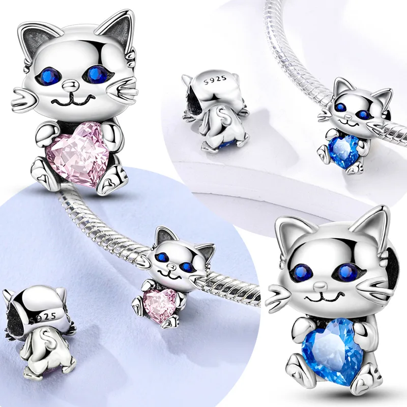 

Оригинальный браслет из стерлингового серебра 925 пробы, голубые глаза, розовое сердце, кошачья бусина, подходит для оригинального браслета для женщин, ювелирные изделия своими руками, подарок