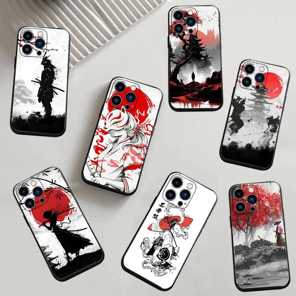 

1pc Black And White Japanese Samurai Fashion Phone Case Silicone Soft For IPhone 16 15 14 13 12 11 Plus Pro Max Plus