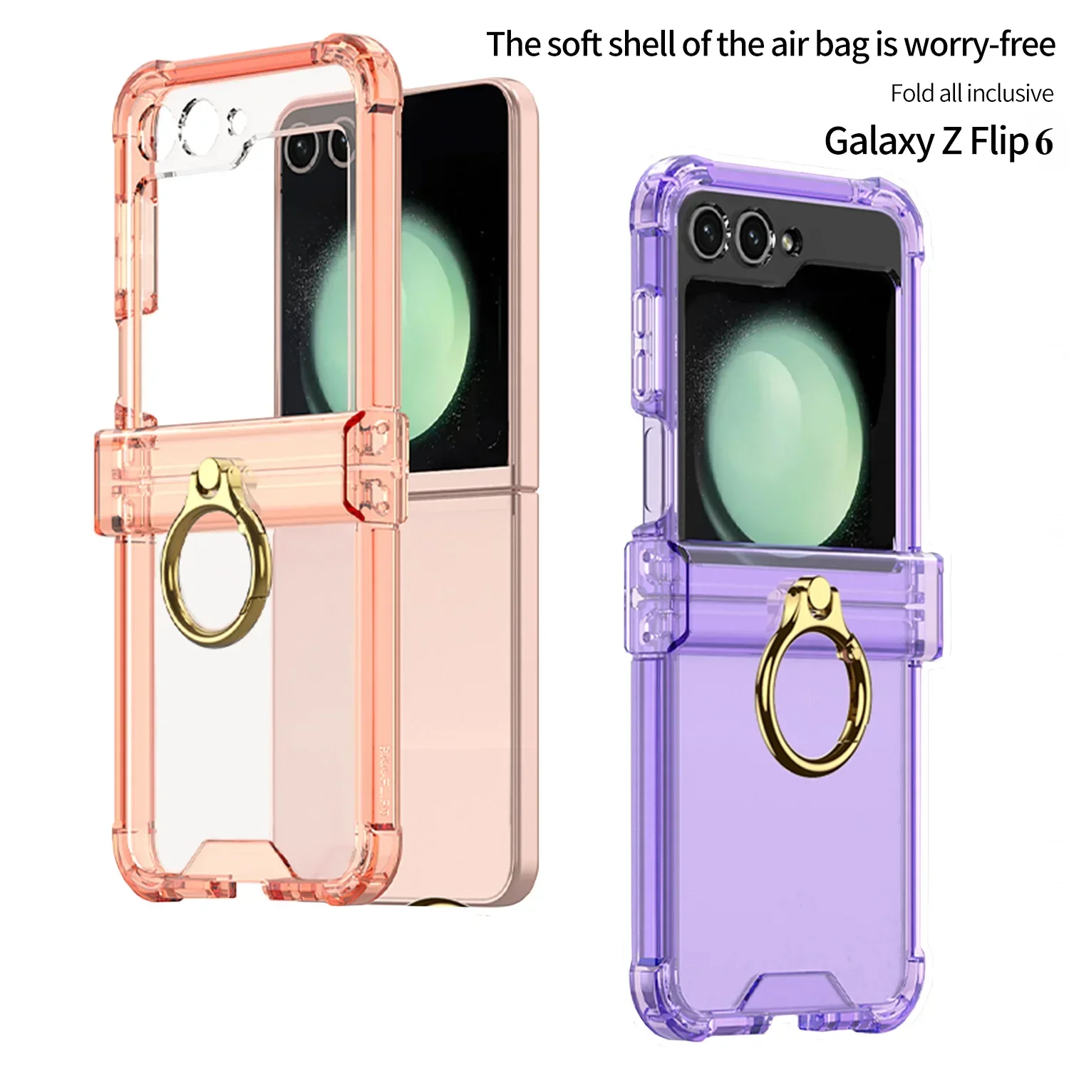 For Samsung Galaxy Z Flip 6 5 4 3 Case Colorful Transparent Fold Hingle Ring Bracket Four Corner Shockproof Protection Back Case