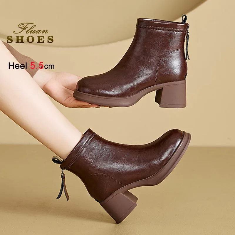 

Осенне-зимние новые женские ботинки, корейские облегающие короткие ботинки на молнии сзади, ботильоны из натуральной кожи на толстой платформе и грубом каблуке