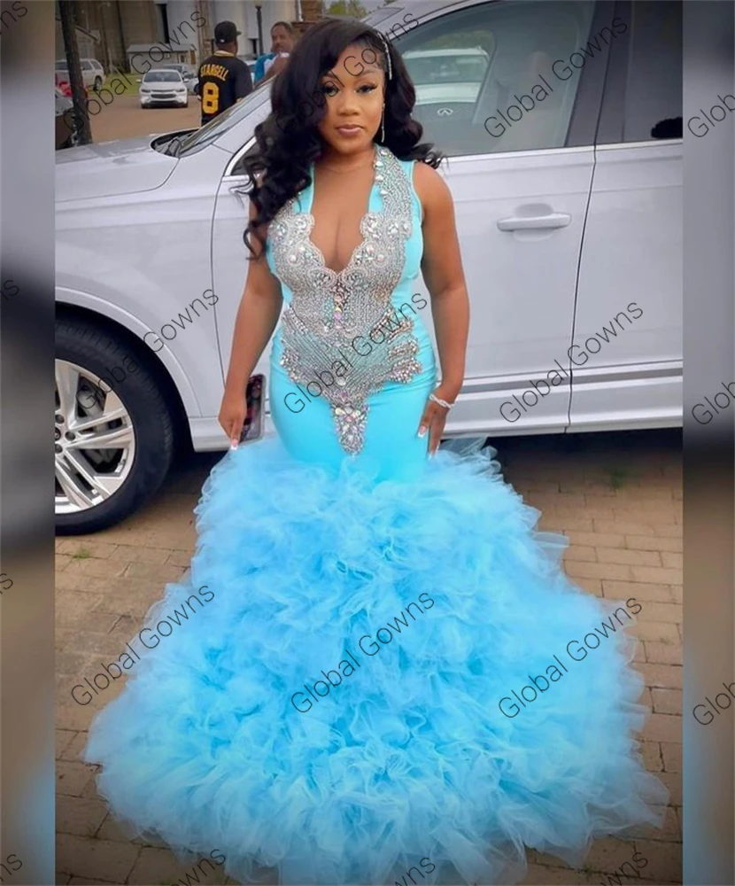 Lake Blue Sheer O Neck Long Prom Dress For Black Girls Beaded Crystal Birthday Party Dresses Ruffles Mermaid Evening Gown Robe