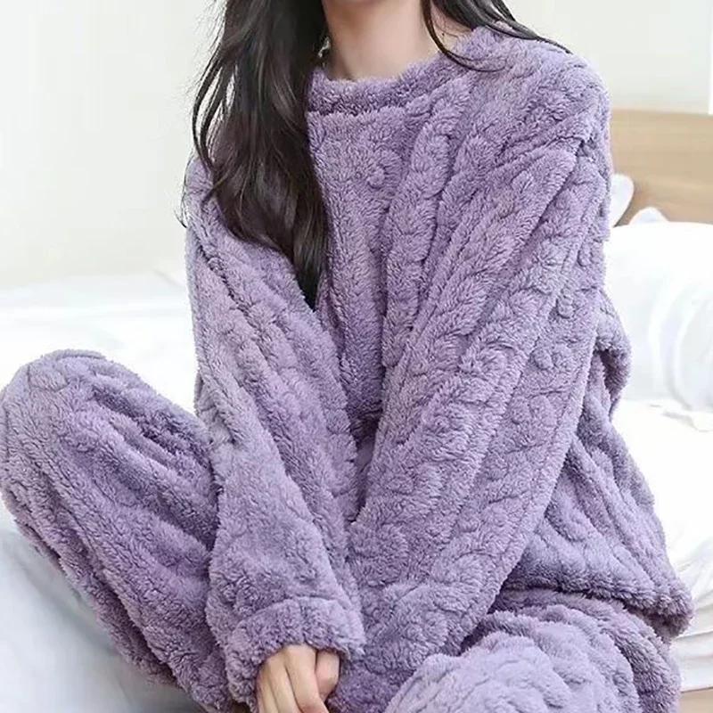 Autumn Women Solid Warm 2 Piece Sets Thicken Velvet  Fleece Set Pullover And Pants Women Casual Pajama Sets 2024