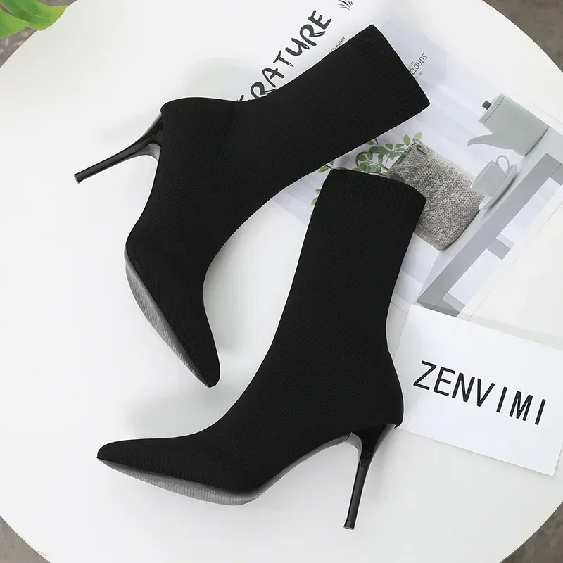 

Sexy Sock Boots Knitting Stretch Boots High Heels for Women Fashion Shoes 2024 Spring Autumn Ankle Boots Female