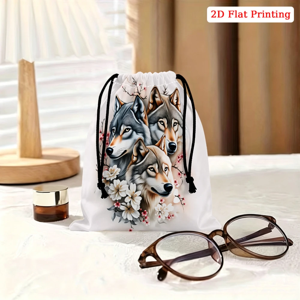 1Pc Wolf Pattern Drawstring Bag White Floral Print Storage Small Pouch For Glasses Cosmetics Travel Organizer Portable Gift