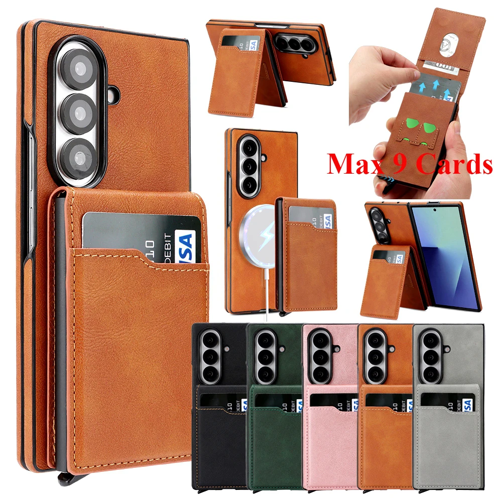 2 in 1 Wireless Charging Ledertasche für Samsung Galaxy Z Fold 7 6 5 4 3 Fold7 Magnetische Kartenfächer Kartenhalter Telefonabdeckung