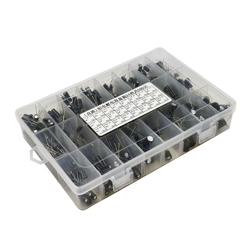 500 sztuk/partia 0.1UF-1000UF 24 wartości aluminiowe kondensatory elektrolityczne 10-50V mix kondensator elektrolityczny różny zestaw i pudełko do przechowywania