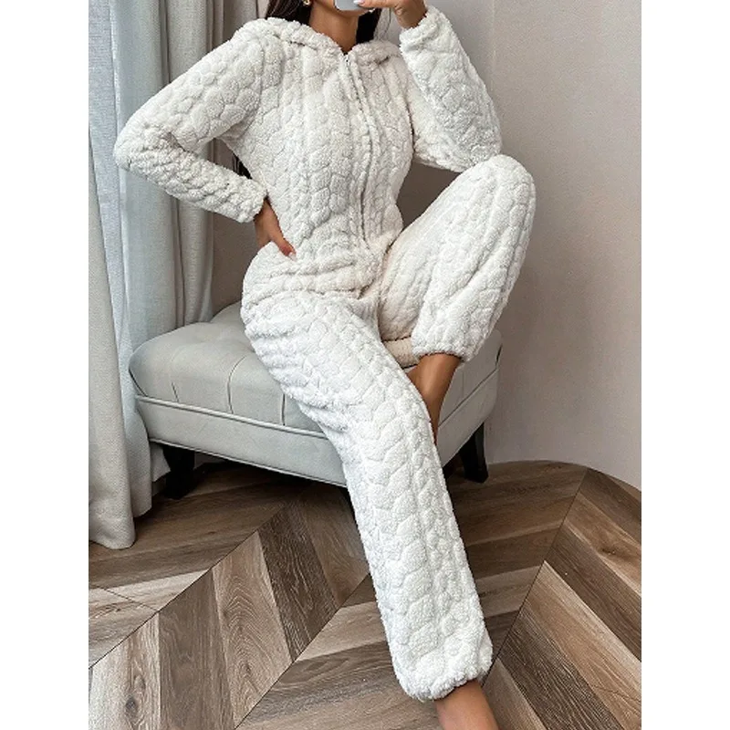 High End Women's Hooded Loungewear European American Thermal Coral Fleece Jumpsuit Pajamas for Autumn Winter White Pajama set