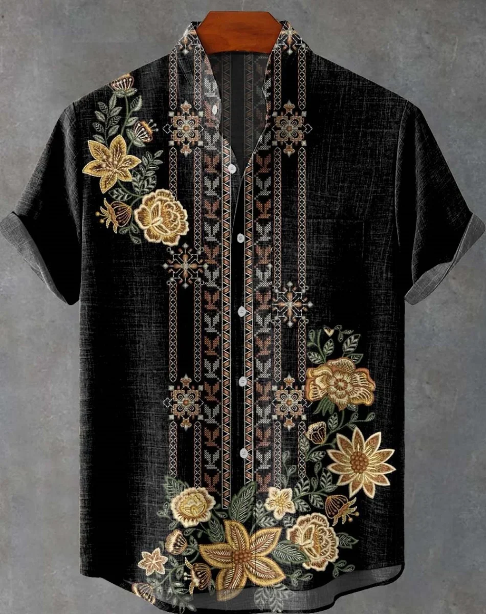 Fashionable men's Hawaiian shirt with ethnic print pattern short sleeved shirt top, beach vacation casual wear hot selling item - Image 5