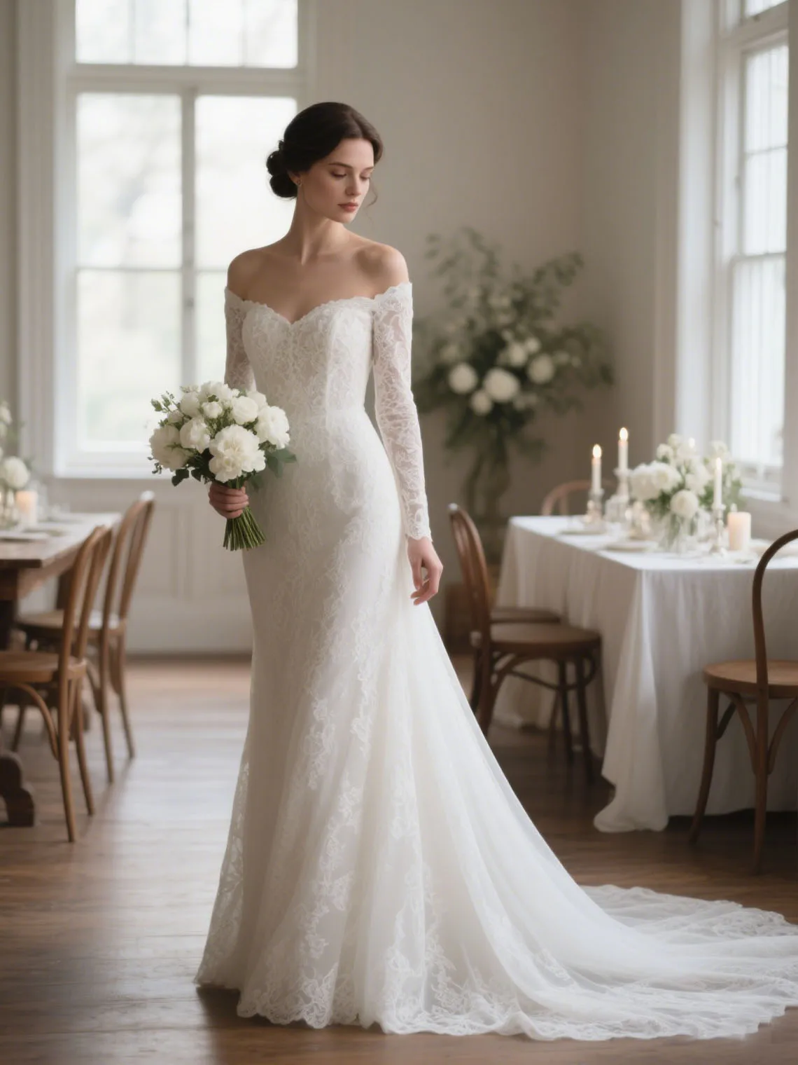

Elegant Mermaid Lace Church Wedding Dresses Off Shoulder Long Sleeves Appliques Bridal Gown Church Garden 2025 Free Customized