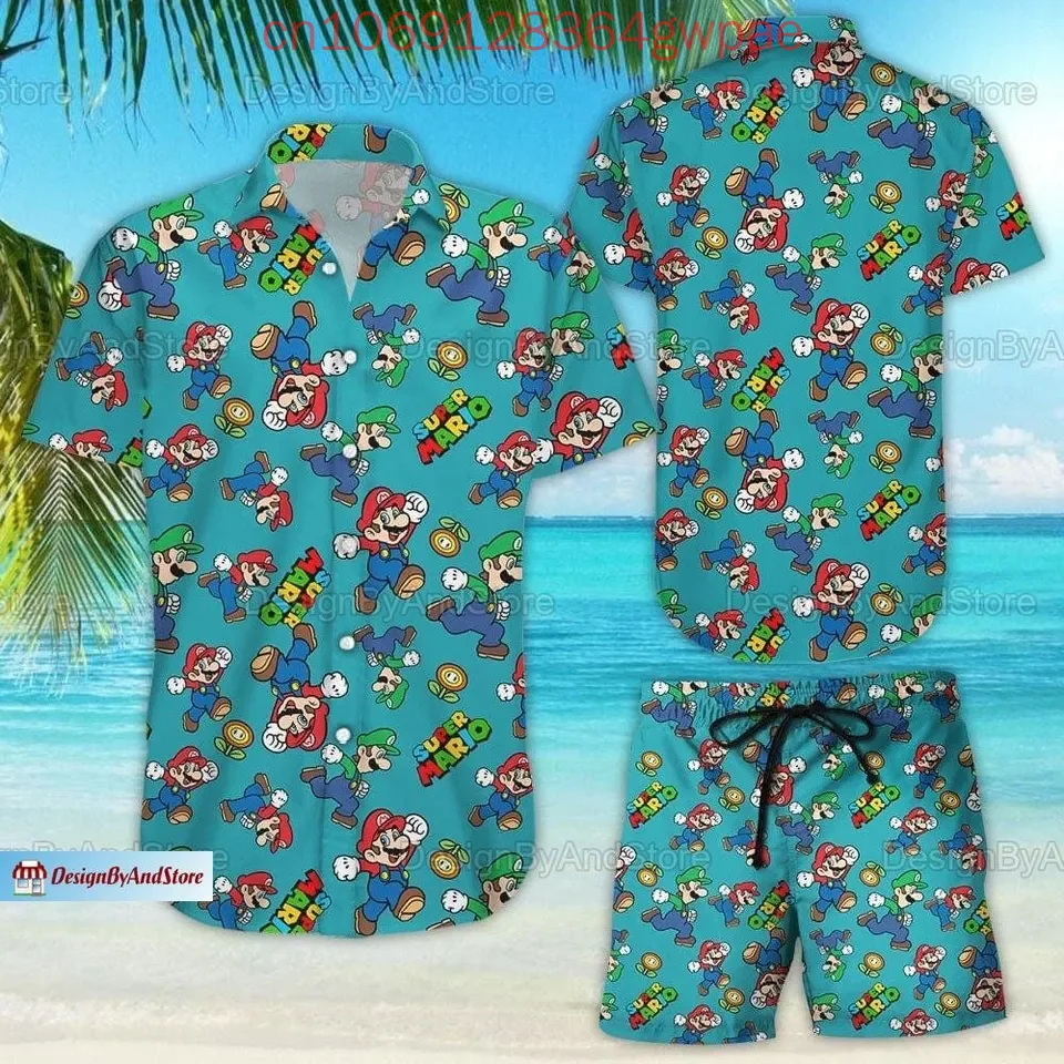 Super Mario Princess Peach Hawaiian Shirt Shorts Set Summer Men's Women's Casual Short Sleeve Beach Shirt Shorts Two-Piece Set