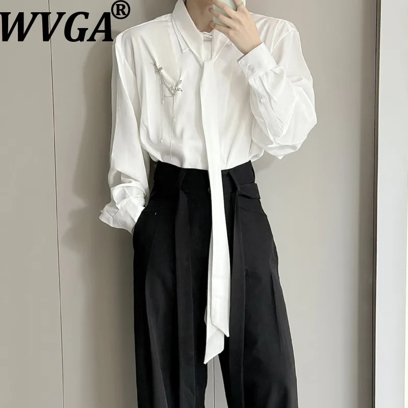 

Мужская рубашка W19219 из шифона с длинным рукавом, новая коллекция весна-осень, элитная, с лентами, модная, повседневная, с драпировкой и отложным воротником, в стиле нишевый шик