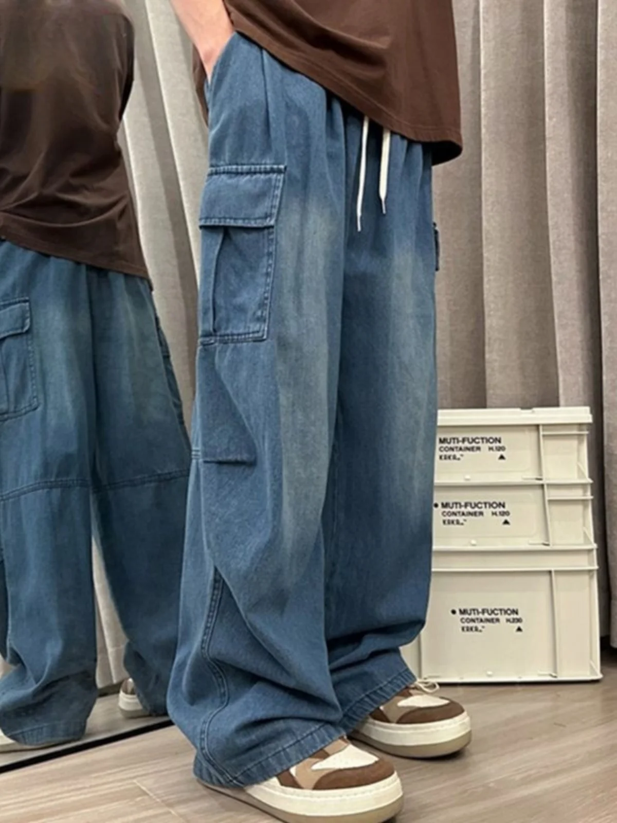 

plus Size Men's Vintage Workwear Jeans High Waist Long Straight Leg Anti-Stain Durable Trendy Street Style Casual Denim Pants