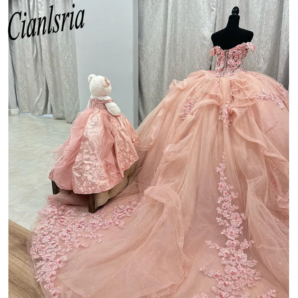 فساتين Quinceanera وردي مزينة بالخرز ثوب الأميرة الحلو 16 15 سنة فتاة vestidos de 15 años xv