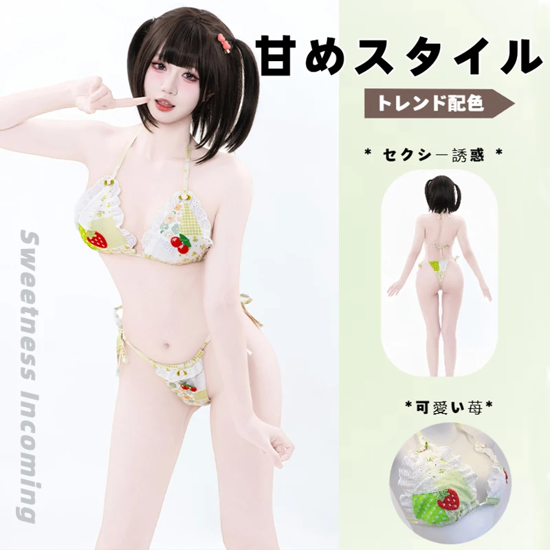 

SENMHS 2025 New Original Cute Strawberry Print Bikini Sexy Three Piece Swimsuit Set Women Cosplay Lingerie Green Beach Swimwear