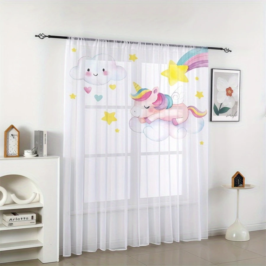 2 Cortinas Transparentes con Estampado Digital, Diseño de Unicornio Entre Nubes y Arcoíris, Decoración Mágica de Fantasía para Habitación de Niñas