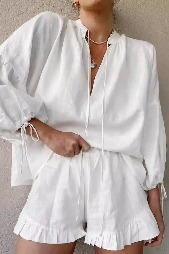 

2025 Women's Linen Set Suit V Neck Puff Sleeve Loose Blouse Tied High Waist Shorts 2PC Outfits Summer Cotton Blend Office Casual
