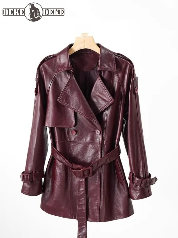 Genuine Leather Coat Office Ladies High Quality Windbreakers High Waist Retro Casual Women Oil Wax Sheepskin Medium Long Jacket