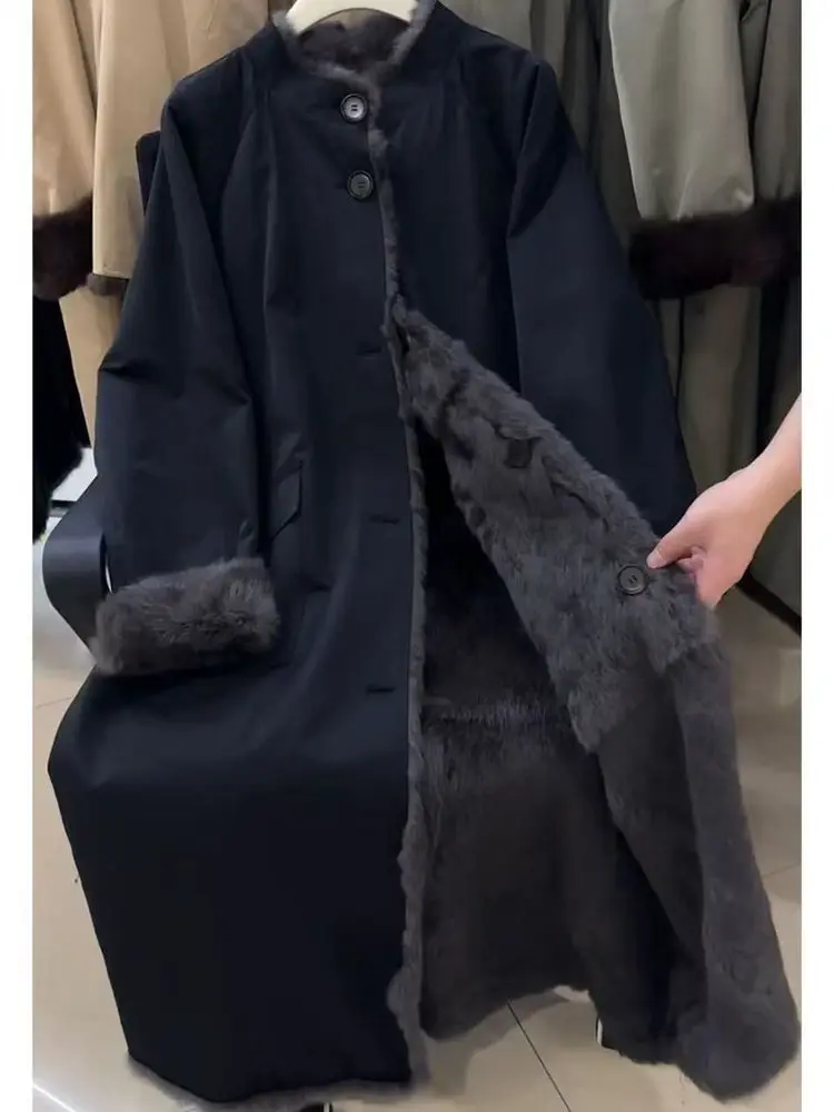Abrigo largo de invierno para mujer, abrigo de piel de piel Bla por encima de la rodilla, abrigo de envío con forro de Fce y cuello levantado, prendas de vestir exteriores