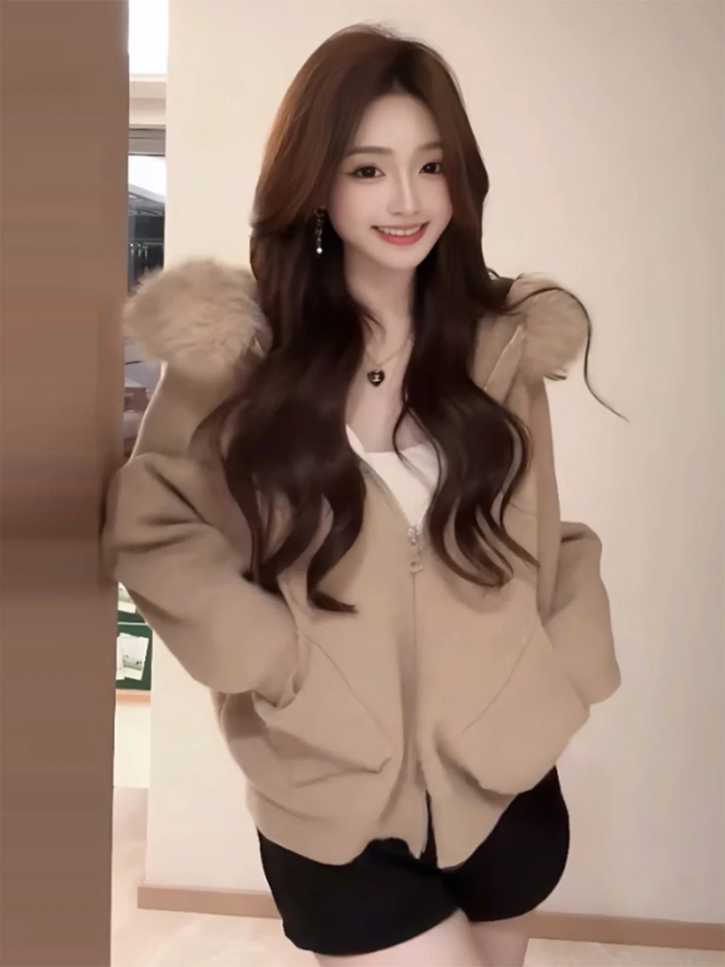 

2025 Women's Cardigan Fur Collar Knitted Hat Jacket Autumn and Winter New Sle ort Meral Knitted Lazy Faion Sweater Jacket