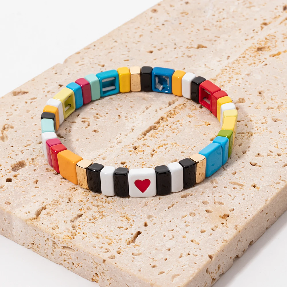 4x8mm Enamel Bracelets For Women Colorful Beads Handmade Bangle Heart Charm Jewelry For Party