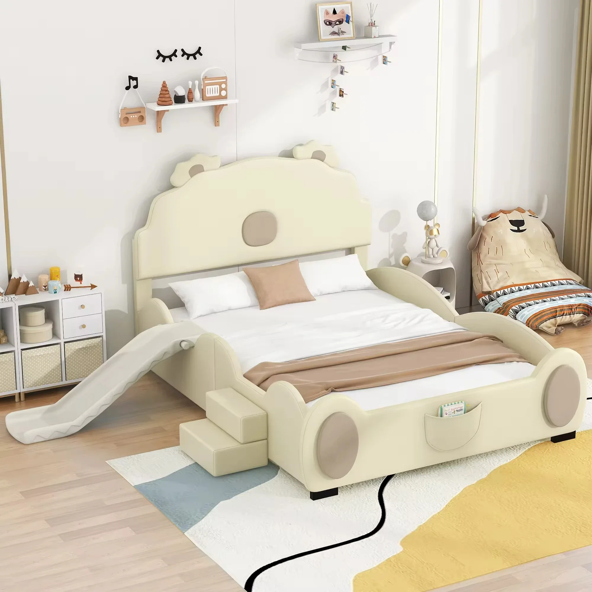 2026 Modern Full-Size Upholstered Platform Bed Set with Piglet Shape Headboard and Bunk Bed Slide Beige for Children's Bedroom