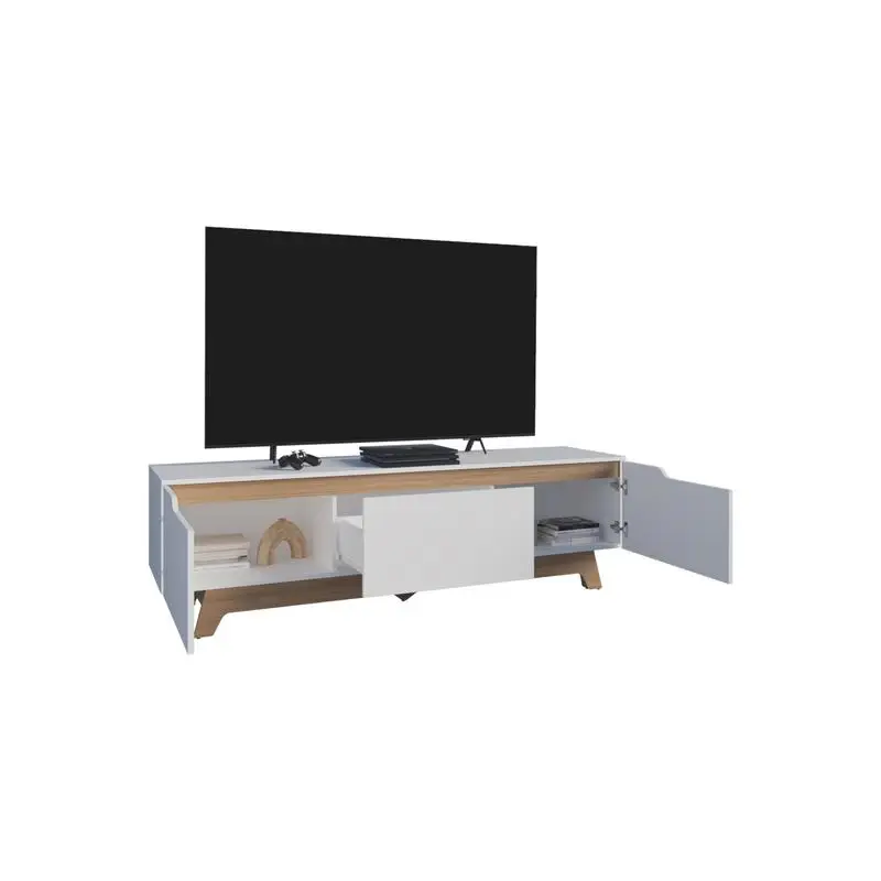 Modern TV Stand, 2-Door Entertainment Center, Open Shelves, Cable Management, White and Natural Oak Finish, Stylish Design for